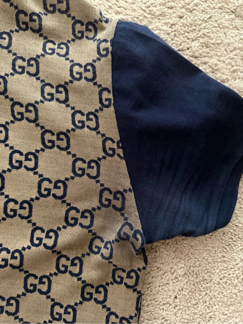 Gucci Beige GG Monogram Polo with Navy Collar & Sleeves